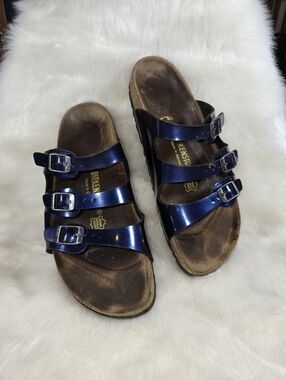 Birkenstock Florida Three-Strap Sandals in Shiny Navy